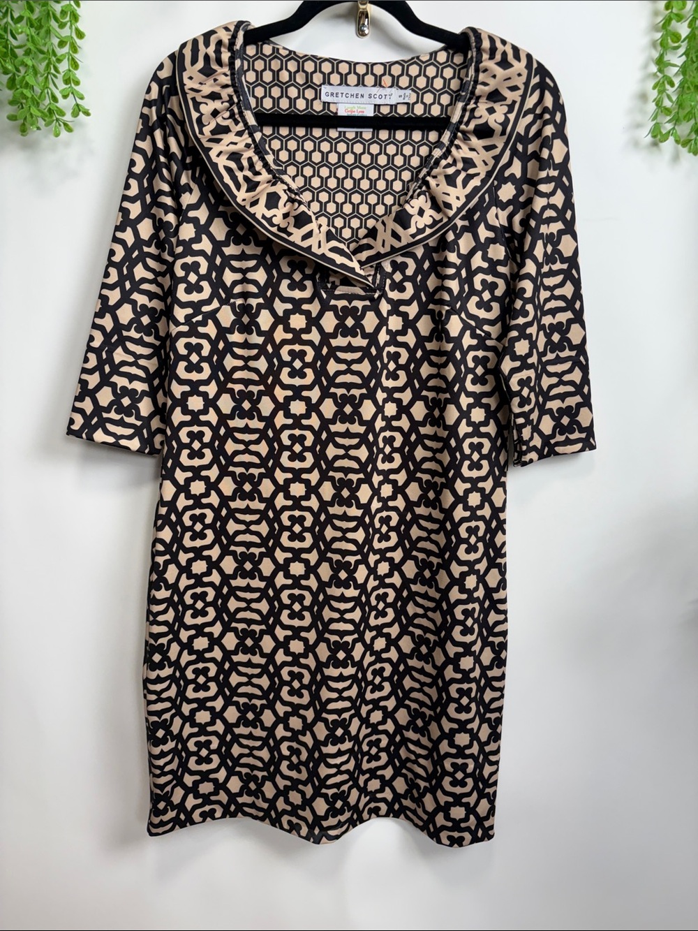 Gretchen Scott Designs Black and Tan Geometric Ruffle Collar Midi Dress